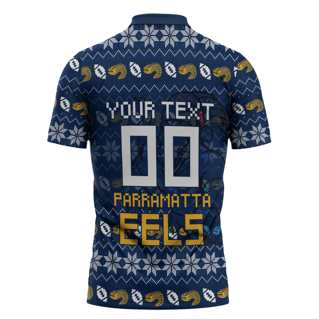 Personalized Parramatta Eels Christmas Zipper Polo Shirt Australian Rugby Fans - Pixelated Ugly Xmas Pattern Mascot Santa