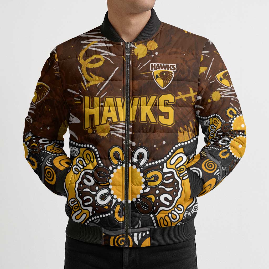 Personalized Hawthorn Hawks Bomber Puffer Jacket Aboriginal Dot Painting Graffiti Style