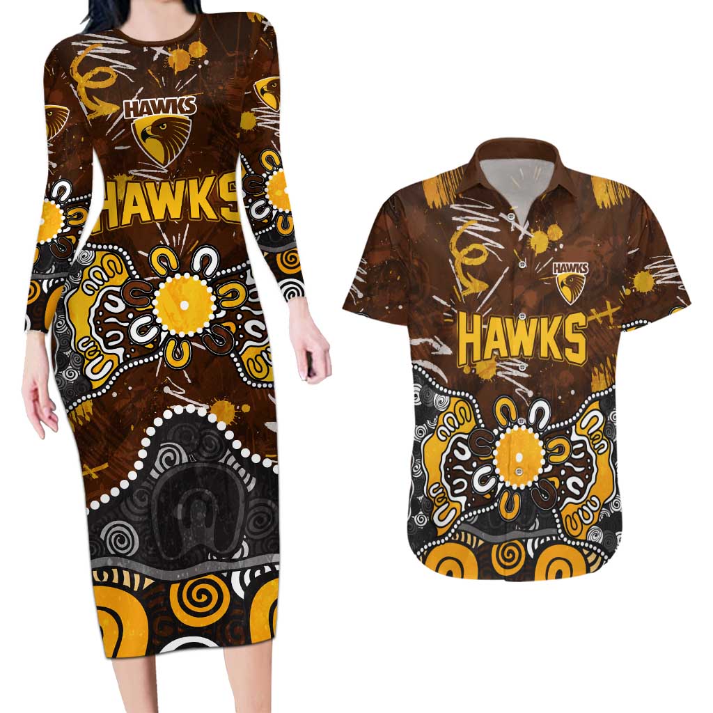 Personalized Hawthorn Hawks Couples Matching Long Sleeve Bodycon Dress and Hawaiian Shirt Aboriginal Dot Painting Graffiti Style