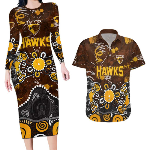 Personalized Hawthorn Hawks Couples Matching Long Sleeve Bodycon Dress and Hawaiian Shirt Aboriginal Dot Painting Graffiti Style