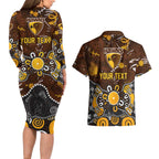 Personalized Hawthorn Hawks Couples Matching Long Sleeve Bodycon Dress and Hawaiian Shirt Aboriginal Dot Painting Graffiti Style