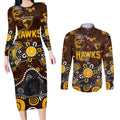 Personalized Hawthorn Hawks Couples Matching Long Sleeve Bodycon Dress and Long Sleeve Button Shirt Aboriginal Dot Painting Graffiti Style