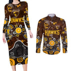 Personalized Hawthorn Hawks Couples Matching Long Sleeve Bodycon Dress and Long Sleeve Button Shirt Aboriginal Dot Painting Graffiti Style