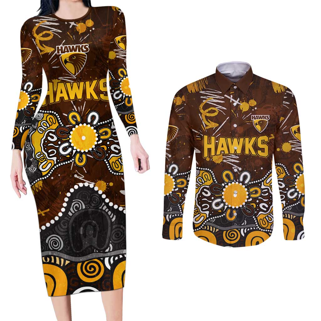 Personalized Hawthorn Hawks Couples Matching Long Sleeve Bodycon Dress and Long Sleeve Button Shirt Aboriginal Dot Painting Graffiti Style