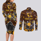 Personalized Hawthorn Hawks Couples Matching Long Sleeve Bodycon Dress and Long Sleeve Button Shirt Aboriginal Dot Painting Graffiti Style