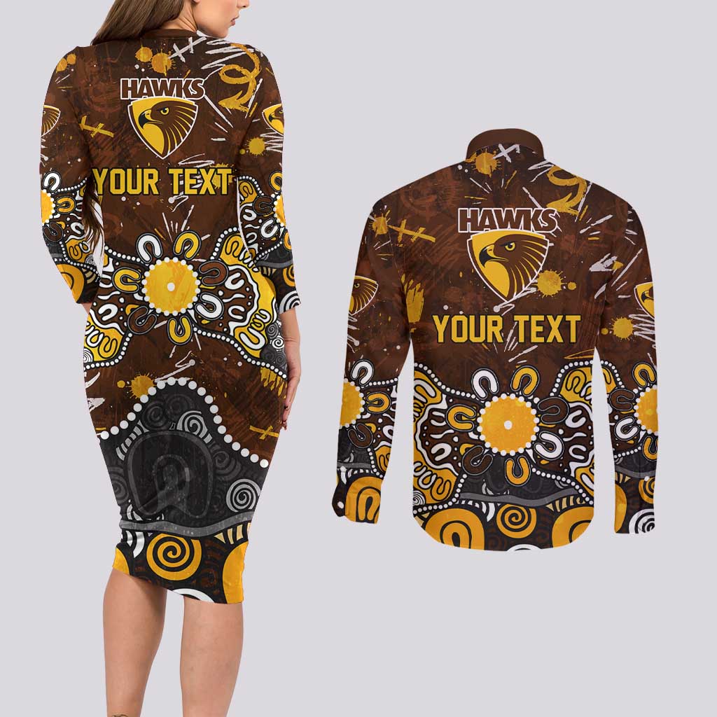 Personalized Hawthorn Hawks Couples Matching Long Sleeve Bodycon Dress and Long Sleeve Button Shirt Aboriginal Dot Painting Graffiti Style
