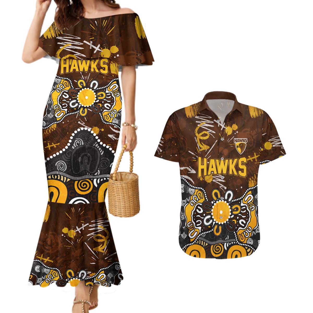 Personalized Hawthorn Hawks Couples Matching Mermaid Dress and Hawaiian Shirt Aboriginal Dot Painting Graffiti Style