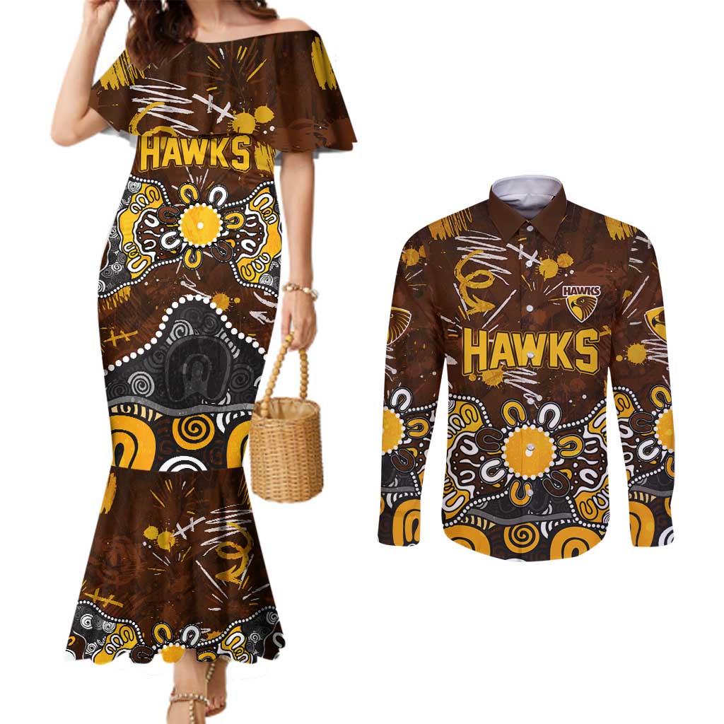 Personalized Hawthorn Hawks Couples Matching Mermaid Dress and Long Sleeve Button Shirt Aboriginal Dot Painting Graffiti Style