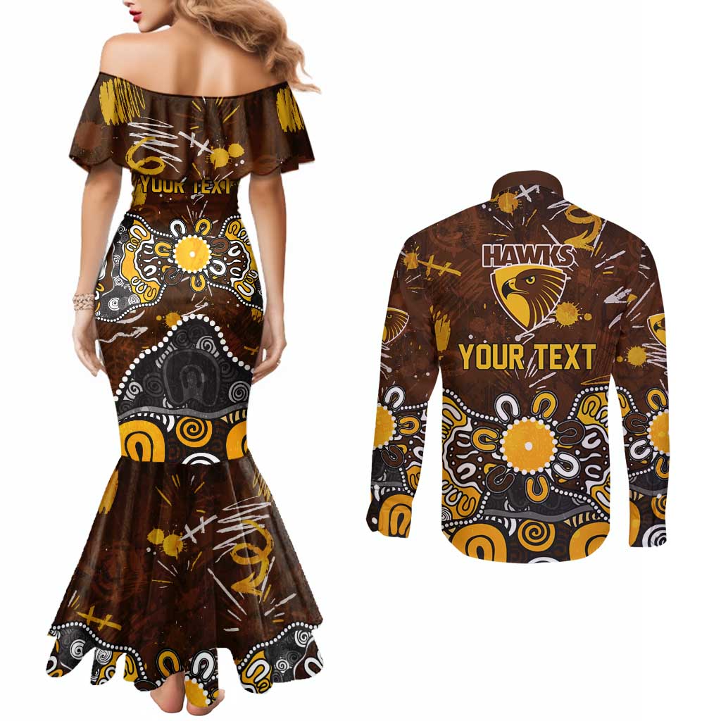 Personalized Hawthorn Hawks Couples Matching Mermaid Dress and Long Sleeve Button Shirt Aboriginal Dot Painting Graffiti Style