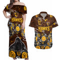 Personalized Hawthorn Hawks Couples Matching Off Shoulder Maxi Dress and Hawaiian Shirt Aboriginal Dot Painting Graffiti Style