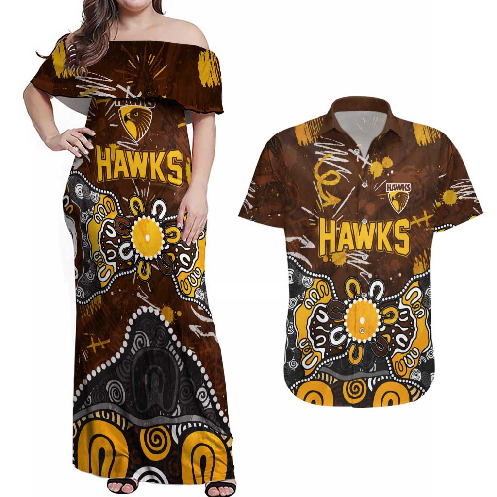 Personalized Hawthorn Hawks Couples Matching Off Shoulder Maxi Dress and Hawaiian Shirt Aboriginal Dot Painting Graffiti Style