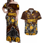 Personalized Hawthorn Hawks Couples Matching Off Shoulder Maxi Dress and Hawaiian Shirt Aboriginal Dot Painting Graffiti Style