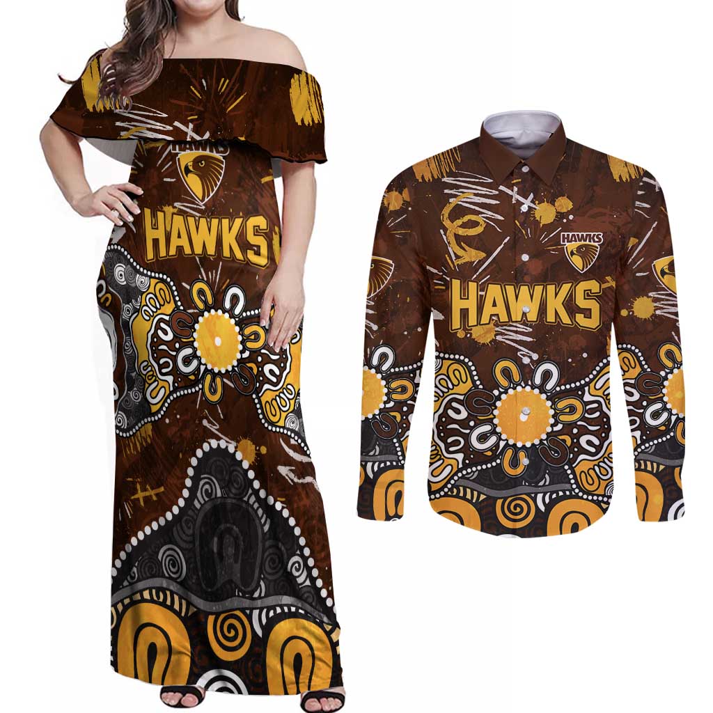 Personalized Hawthorn Hawks Couples Matching Off Shoulder Maxi Dress and Long Sleeve Button Shirt Aboriginal Dot Painting Graffiti Style