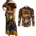 Personalized Hawthorn Hawks Couples Matching Off Shoulder Maxi Dress and Long Sleeve Button Shirt Aboriginal Dot Painting Graffiti Style