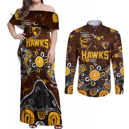Personalized Hawthorn Hawks Couples Matching Off Shoulder Maxi Dress and Long Sleeve Button Shirt Aboriginal Dot Painting Graffiti Style