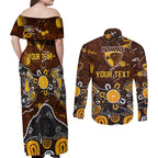 Personalized Hawthorn Hawks Couples Matching Off Shoulder Maxi Dress and Long Sleeve Button Shirt Aboriginal Dot Painting Graffiti Style
