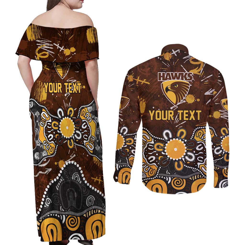 Personalized Hawthorn Hawks Couples Matching Off Shoulder Maxi Dress and Long Sleeve Button Shirt Aboriginal Dot Painting Graffiti Style