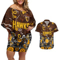 Personalized Hawthorn Hawks Couples Matching Off Shoulder Short Dress and Hawaiian Shirt Aboriginal Dot Painting Graffiti Style