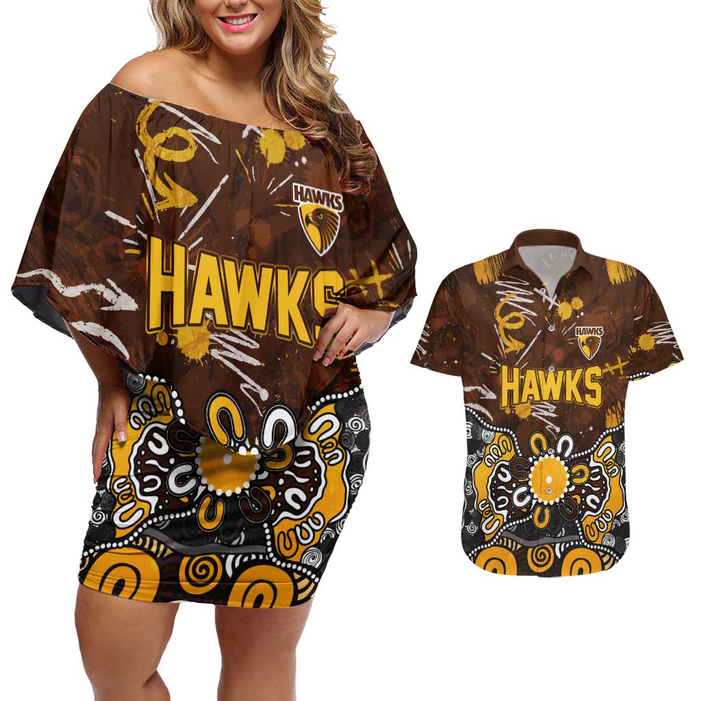 Personalized Hawthorn Hawks Couples Matching Off Shoulder Short Dress and Hawaiian Shirt Aboriginal Dot Painting Graffiti Style