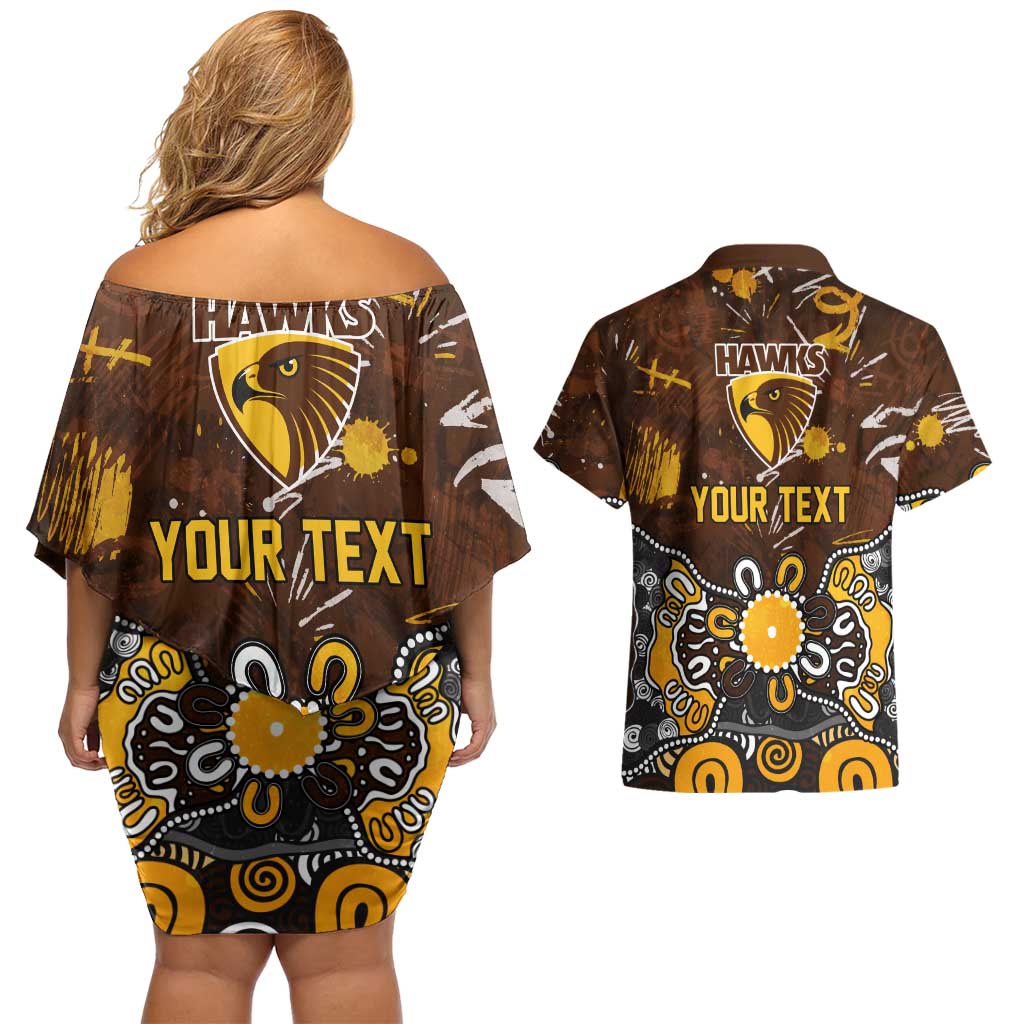 Personalized Hawthorn Hawks Couples Matching Off Shoulder Short Dress and Hawaiian Shirt Aboriginal Dot Painting Graffiti Style