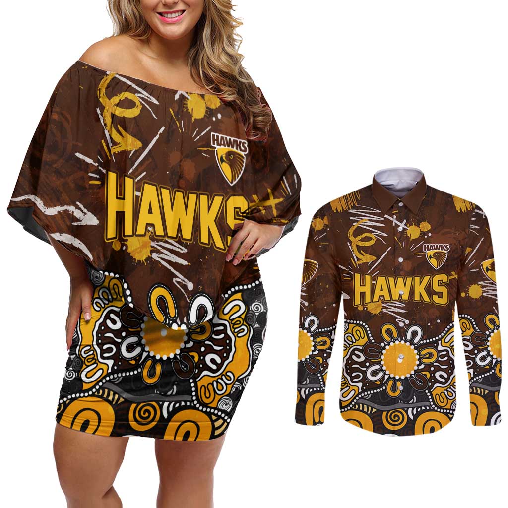 Personalized Hawthorn Hawks Couples Matching Off Shoulder Short Dress and Long Sleeve Button Shirt Aboriginal Dot Painting Graffiti Style