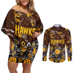 Personalized Hawthorn Hawks Couples Matching Off Shoulder Short Dress and Long Sleeve Button Shirt Aboriginal Dot Painting Graffiti Style