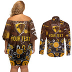 Personalized Hawthorn Hawks Couples Matching Off Shoulder Short Dress and Long Sleeve Button Shirt Aboriginal Dot Painting Graffiti Style