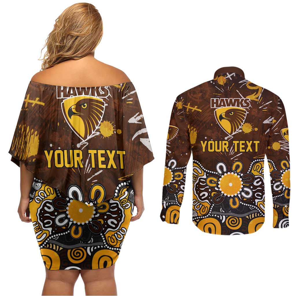 Personalized Hawthorn Hawks Couples Matching Off Shoulder Short Dress and Long Sleeve Button Shirt Aboriginal Dot Painting Graffiti Style