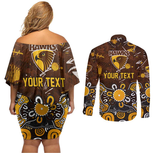 Personalized Hawthorn Hawks Couples Matching Off Shoulder Short Dress and Long Sleeve Button Shirt Aboriginal Dot Painting Graffiti Style