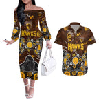 Personalized Hawthorn Hawks Couples Matching Off The Shoulder Long Sleeve Dress and Hawaiian Shirt Aboriginal Dot Painting Graffiti Style