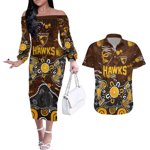 Personalized Hawthorn Hawks Couples Matching Off The Shoulder Long Sleeve Dress and Hawaiian Shirt Aboriginal Dot Painting Graffiti Style