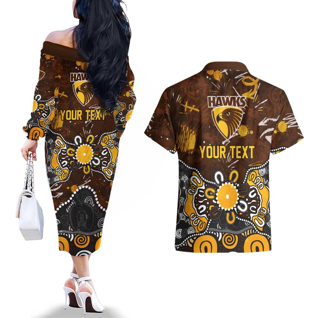 Personalized Hawthorn Hawks Couples Matching Off The Shoulder Long Sleeve Dress and Hawaiian Shirt Aboriginal Dot Painting Graffiti Style