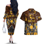 Personalized Hawthorn Hawks Couples Matching Off The Shoulder Long Sleeve Dress and Hawaiian Shirt Aboriginal Dot Painting Graffiti Style