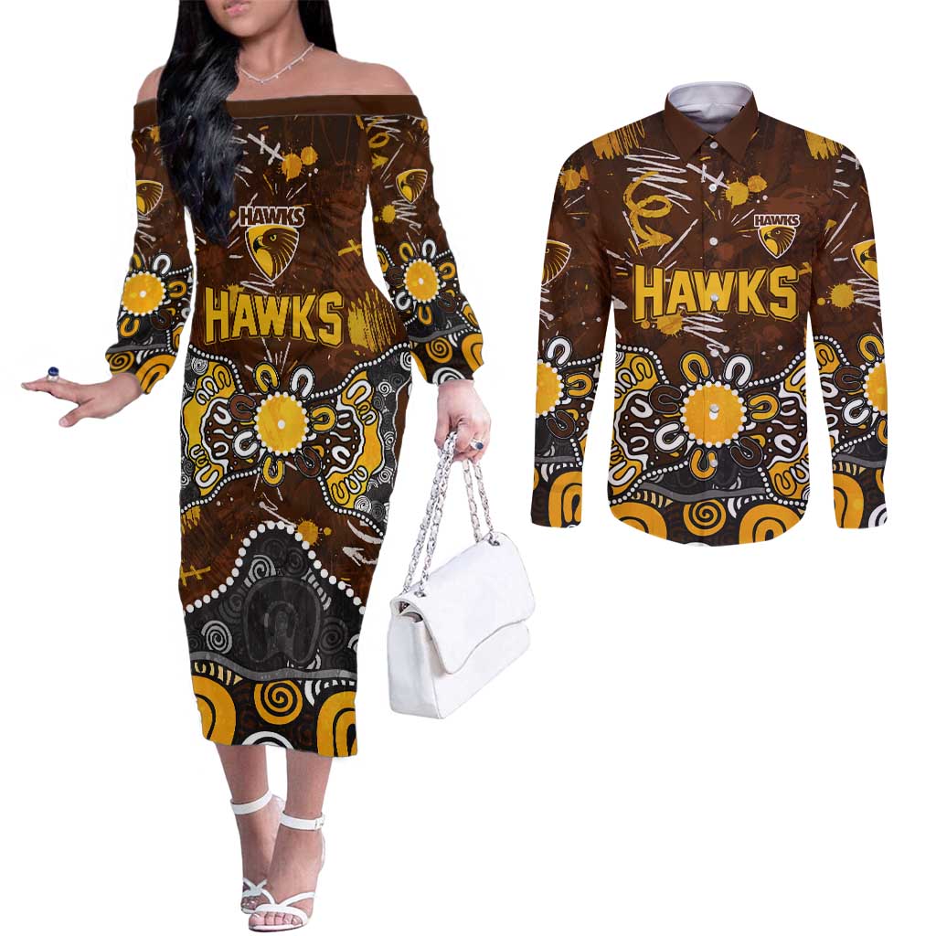 Personalized Hawthorn Hawks Couples Matching Off The Shoulder Long Sleeve Dress and Long Sleeve Button Shirt Aboriginal Dot Painting Graffiti Style