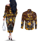 Personalized Hawthorn Hawks Couples Matching Off The Shoulder Long Sleeve Dress and Long Sleeve Button Shirt Aboriginal Dot Painting Graffiti Style