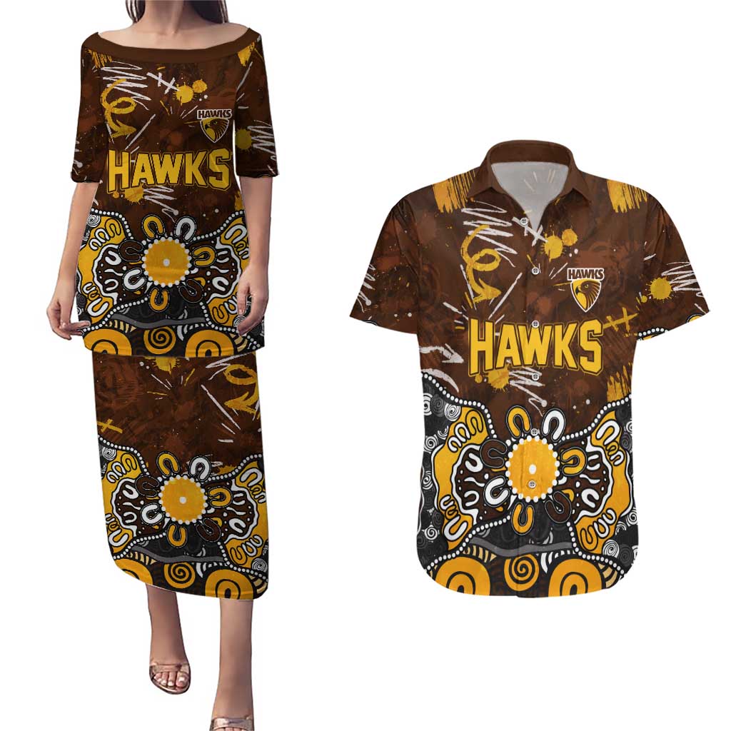 Personalized Hawthorn Hawks Couples Matching Puletasi and Hawaiian Shirt Aboriginal Dot Painting Graffiti Style