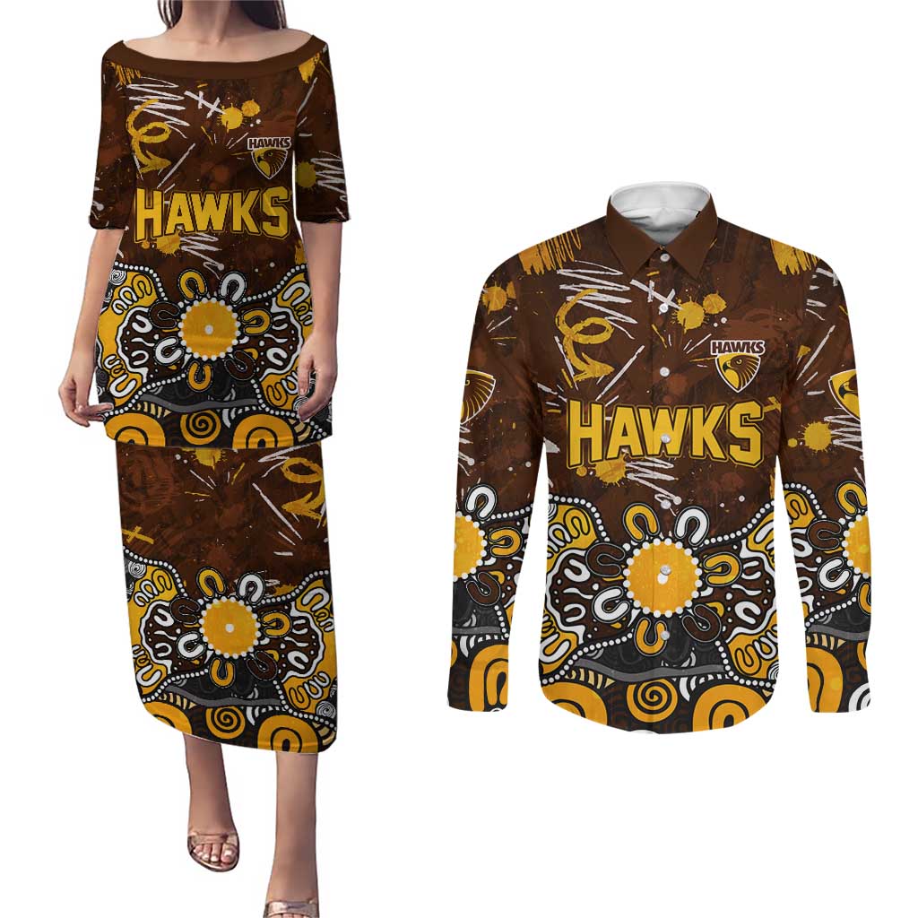 Personalized Hawthorn Hawks Couples Matching Puletasi and Long Sleeve Button Shirt Aboriginal Dot Painting Graffiti Style