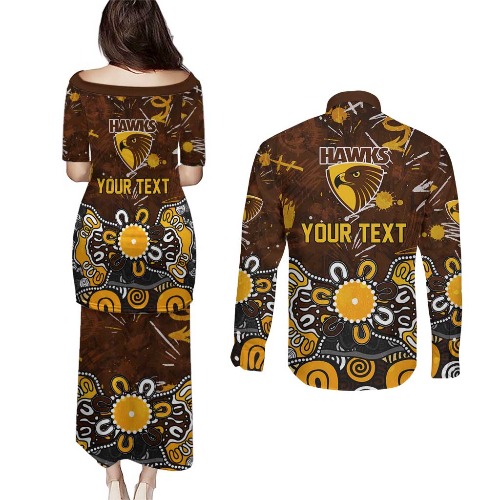 Personalized Hawthorn Hawks Couples Matching Puletasi and Long Sleeve Button Shirt Aboriginal Dot Painting Graffiti Style