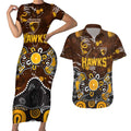 Personalized Hawthorn Hawks Couples Matching Short Sleeve Bodycon Dress and Hawaiian Shirt Aboriginal Dot Painting Graffiti Style