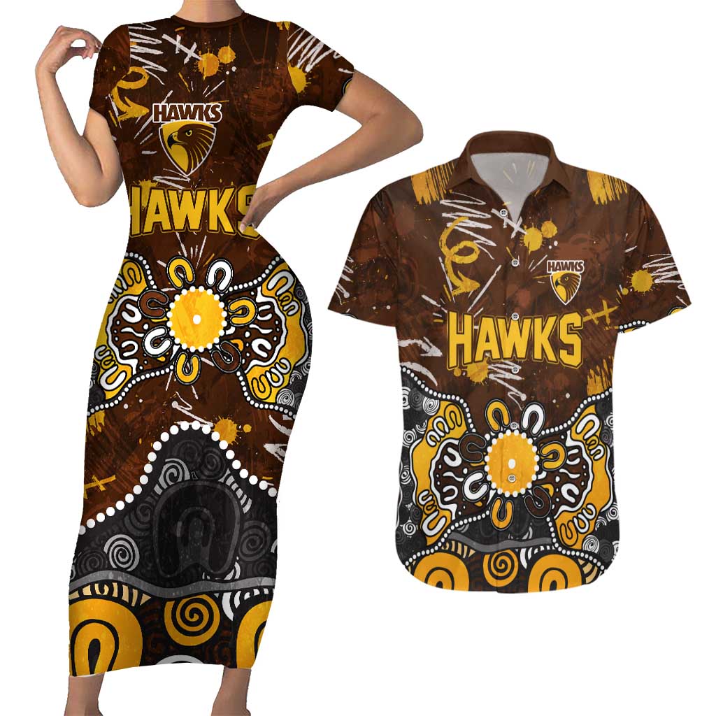 Personalized Hawthorn Hawks Couples Matching Short Sleeve Bodycon Dress and Hawaiian Shirt Aboriginal Dot Painting Graffiti Style
