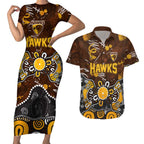 Personalized Hawthorn Hawks Couples Matching Short Sleeve Bodycon Dress and Hawaiian Shirt Aboriginal Dot Painting Graffiti Style