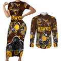 Personalized Hawthorn Hawks Couples Matching Short Sleeve Bodycon Dress and Long Sleeve Button Shirt Aboriginal Dot Painting Graffiti Style