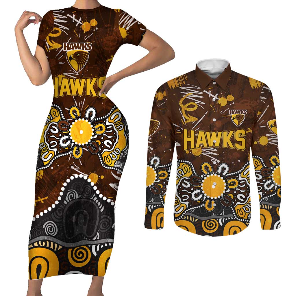 Personalized Hawthorn Hawks Couples Matching Short Sleeve Bodycon Dress and Long Sleeve Button Shirt Aboriginal Dot Painting Graffiti Style