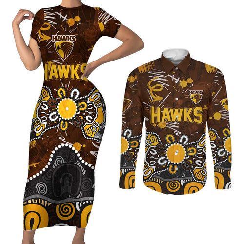 Personalized Hawthorn Hawks Couples Matching Short Sleeve Bodycon Dress and Long Sleeve Button Shirt Aboriginal Dot Painting Graffiti Style