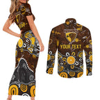 Personalized Hawthorn Hawks Couples Matching Short Sleeve Bodycon Dress and Long Sleeve Button Shirt Aboriginal Dot Painting Graffiti Style
