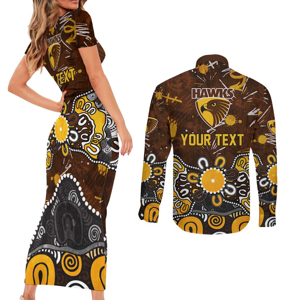 Personalized Hawthorn Hawks Couples Matching Short Sleeve Bodycon Dress and Long Sleeve Button Shirt Aboriginal Dot Painting Graffiti Style