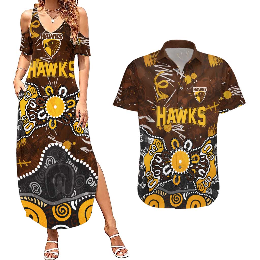 Personalized Hawthorn Hawks Couples Matching Summer Maxi Dress and Hawaiian Shirt Aboriginal Dot Painting Graffiti Style