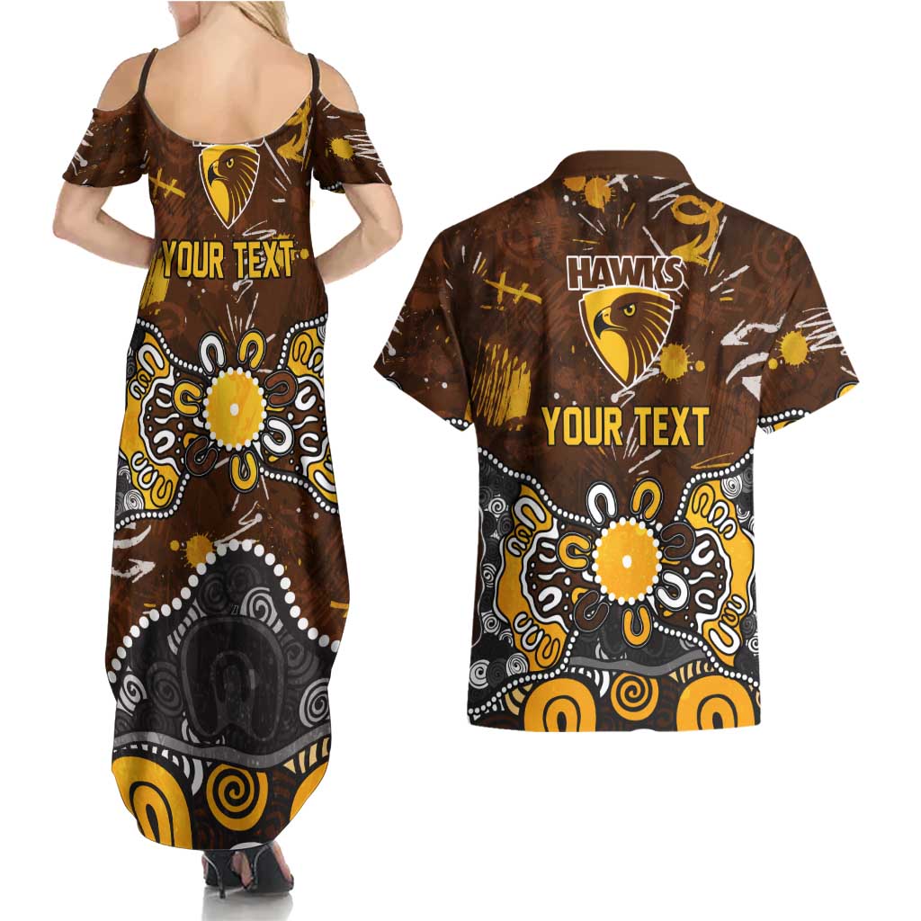 Personalized Hawthorn Hawks Couples Matching Summer Maxi Dress and Hawaiian Shirt Aboriginal Dot Painting Graffiti Style