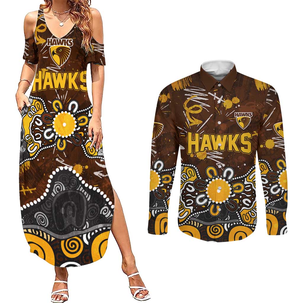 Personalized Hawthorn Hawks Couples Matching Summer Maxi Dress and Long Sleeve Button Shirt Aboriginal Dot Painting Graffiti Style