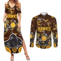 Personalized Hawthorn Hawks Couples Matching Summer Maxi Dress and Long Sleeve Button Shirt Aboriginal Dot Painting Graffiti Style